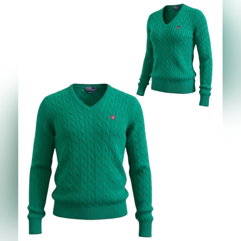 Vintage 90s Ralph Lauren Polo V-Neck Cable Knit Sweater Green Mens XL or Womens